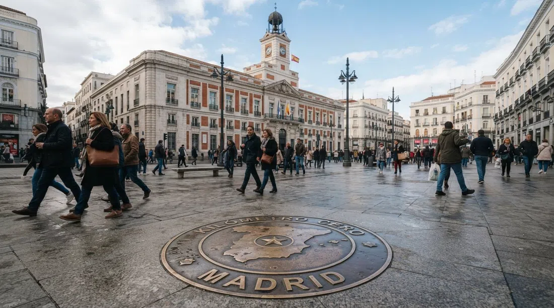 messingpladen Kilómetro Cero uden for Real Casa de Correos ved Puerta del Sol, med fodgængere, der krydser pladsen, og uretårnet, der rejser sig over dem