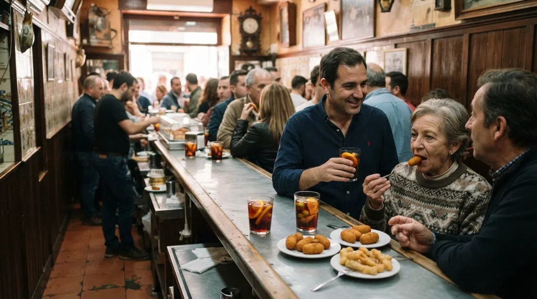 det smalle indre af Casa Labra på Calle de Tetuán, med vermutglas, en travl bardisk og tallerkener med torskekroketter og soldaditos de Pavía