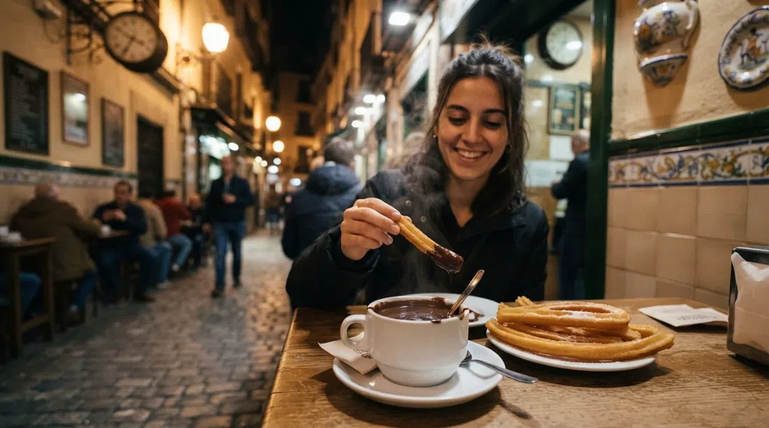 churros con chocolate på Chocolatería San Ginés i passagen ved Calle Arenal, damp der stiger op fra koppen i nattelyset