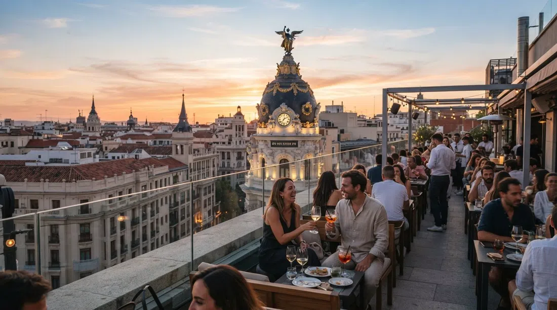 tagterrassen på Azotea del Círculo de Bellas Artes ved solnedgang, med Madrids silhuet udstrakt i varmt lys og kuplen på Edificio Metrópolis synlig