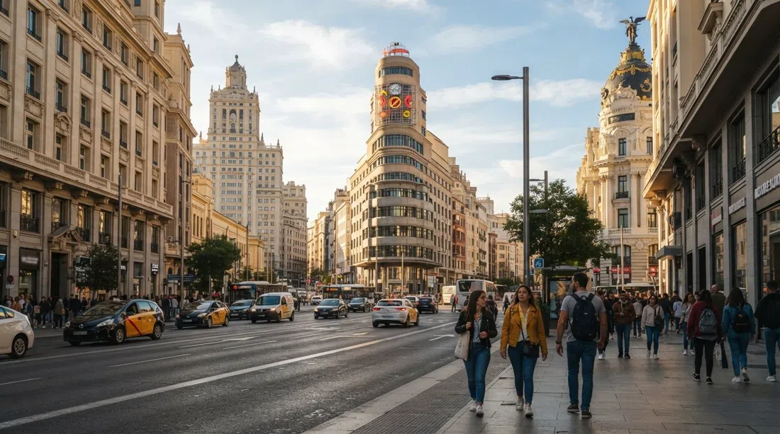 Gran Vía set mod vest med Edificio Carrión og Schweppes-skiltet, Telefónica-tårnet og Metrópolis-kuplen, der fanger eftermiddagslyset
