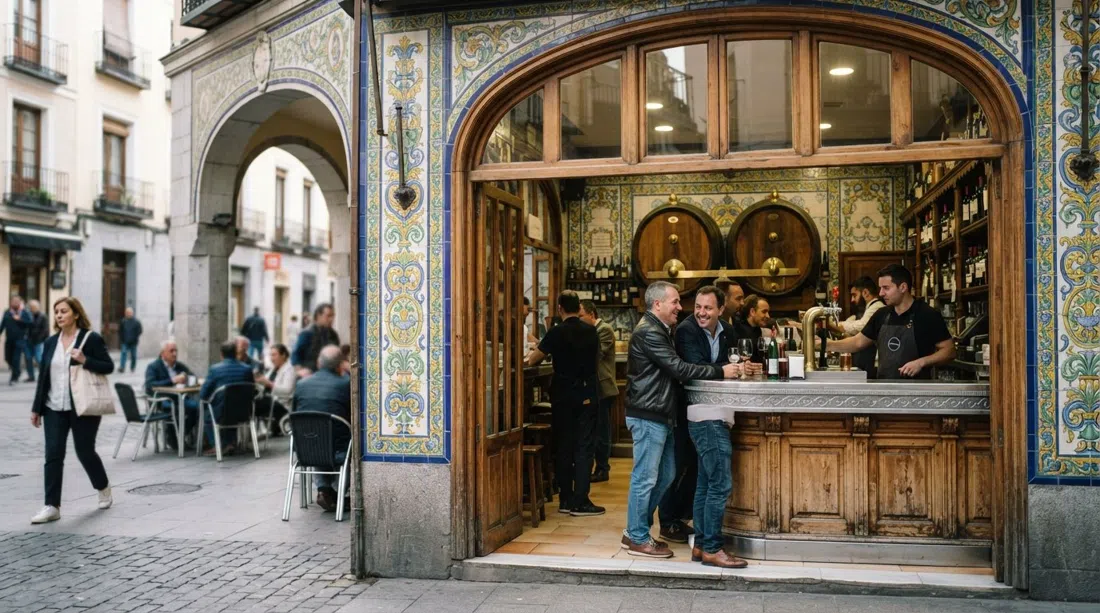 Taberna Ángel Sierra en Plaza de Chueca, barra de azulejos y cubas de roble visibles a través de los ventanales en la luz de media mañana