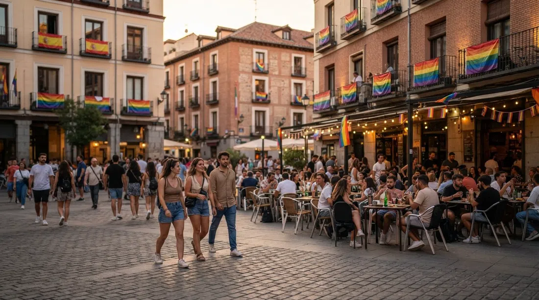 Plaza de Pedro Zerolo en Chueca, banderas arcoíris y mesas en terraza bajo la luz del atardecer con gente cruzando la plaza