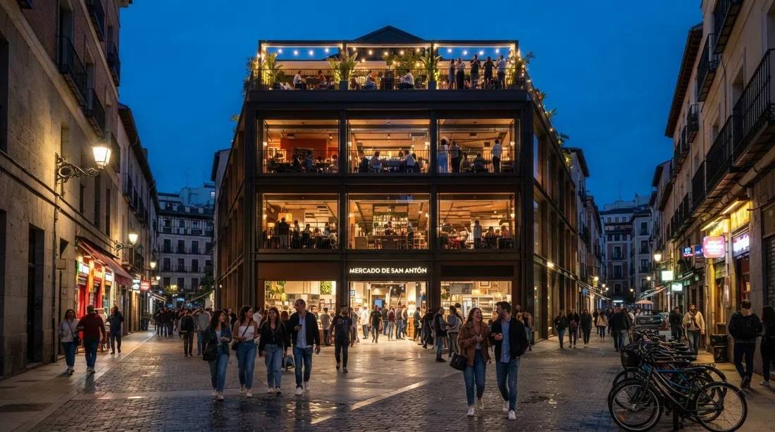 Mercado de San Antón en Chueca, la fachada del mercado de tres plantas en la Calle Augusto Figueroa con la terraza de la azotea arriba al anochecer