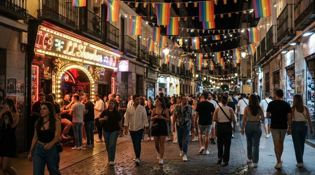 Calle Pelayo de noche en Chueca, banderas arcoíris sobre una calle concurrida con la fachada iluminada de LL Showbar