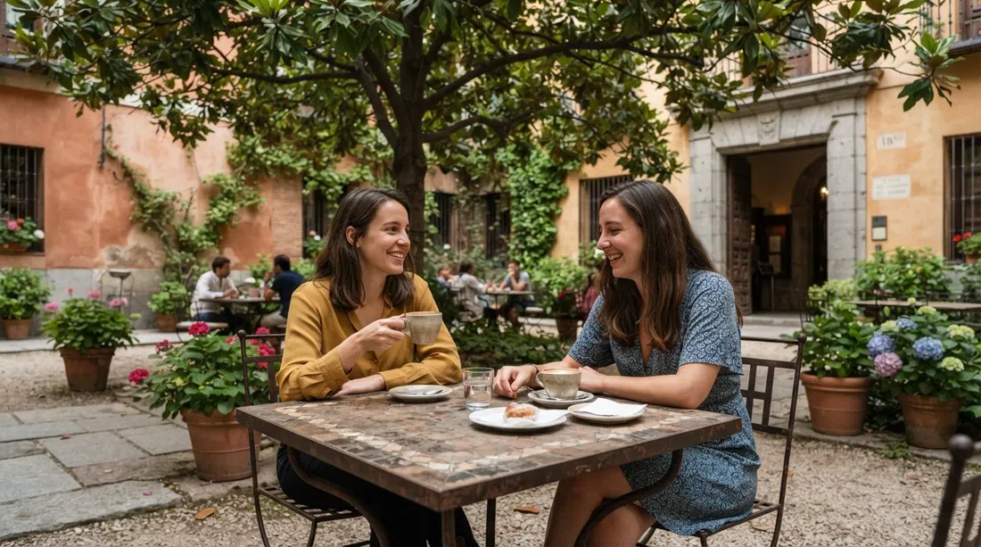 Café del Jardín en el Museo del Romanticismo, una mesa sombreada en el jardín de magnolias con tazas de café y muros del palacio con luz suave