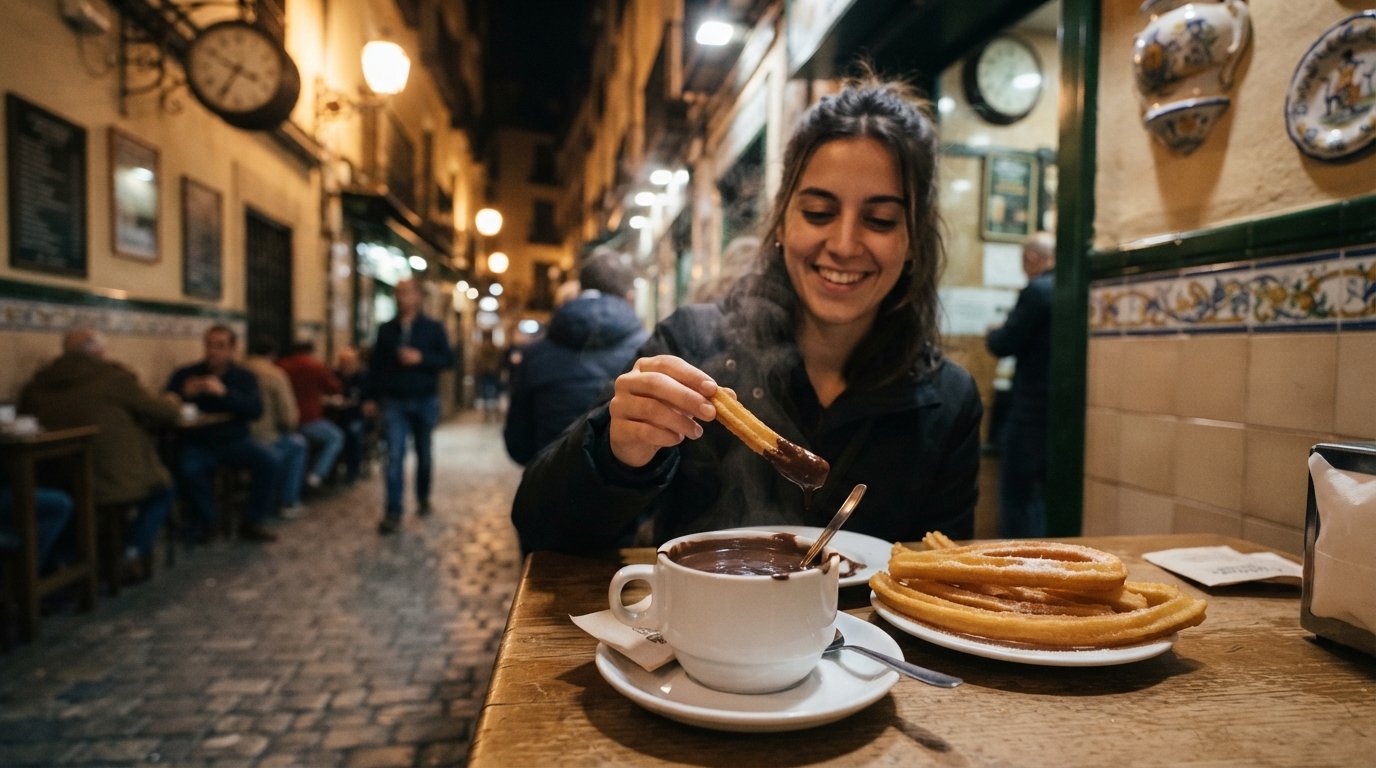 churros con chocolate at Chocolatería San Ginés in the passageway off Calle Arenal, steam rising from the cup in the late-night light