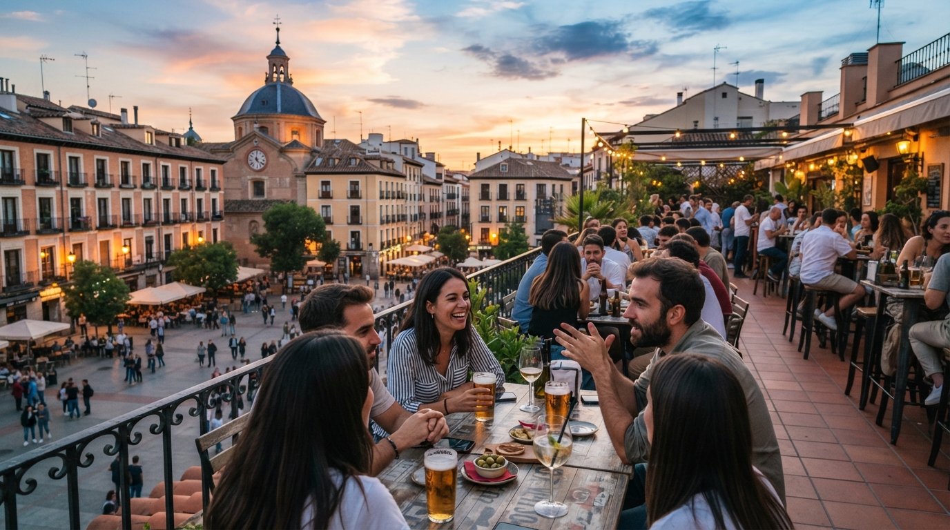 El Viajero rooftop terrace on Plaza de la Cebada at sunset, tables overlooking the square with warm light and people gathered for drinks