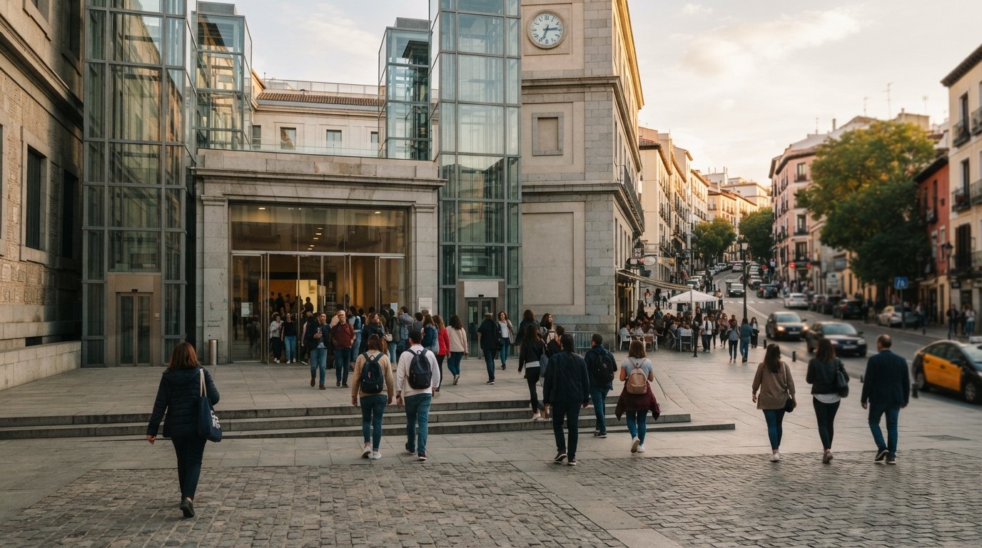 the Museo Reina Sofía exterior at the edge of Lavapiés, with visitors entering in late afternoon light and the city street just beyond
