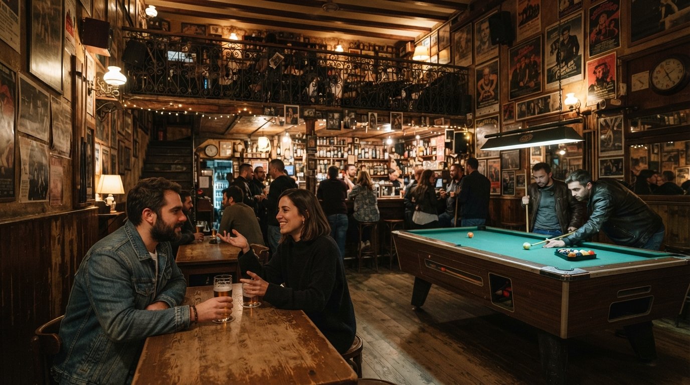 the interior of La Vía Láctea on Calle Velarde, with vintage posters, a pool table and warm low light filling the two-floor bar