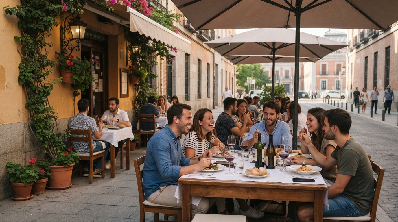 the summer terrace at Trattoria SantArcangelo on Calle Moreto 15, tables set for a long lunch with the Prado side streets just beyond