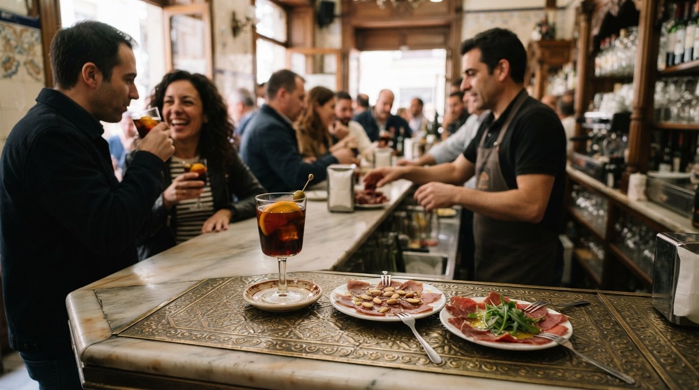 La Castela at Calle Doctor Castelo 22, tin counter and marble bar with a glass of vermút and small plates of mojama and cecina