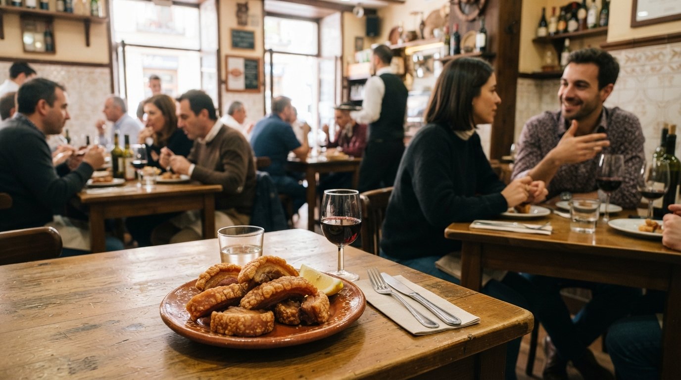 a plate of crisp torreznos at La Raquetista, golden pork belly beside a small glass of wine in a busy Doctor Castelo dining room