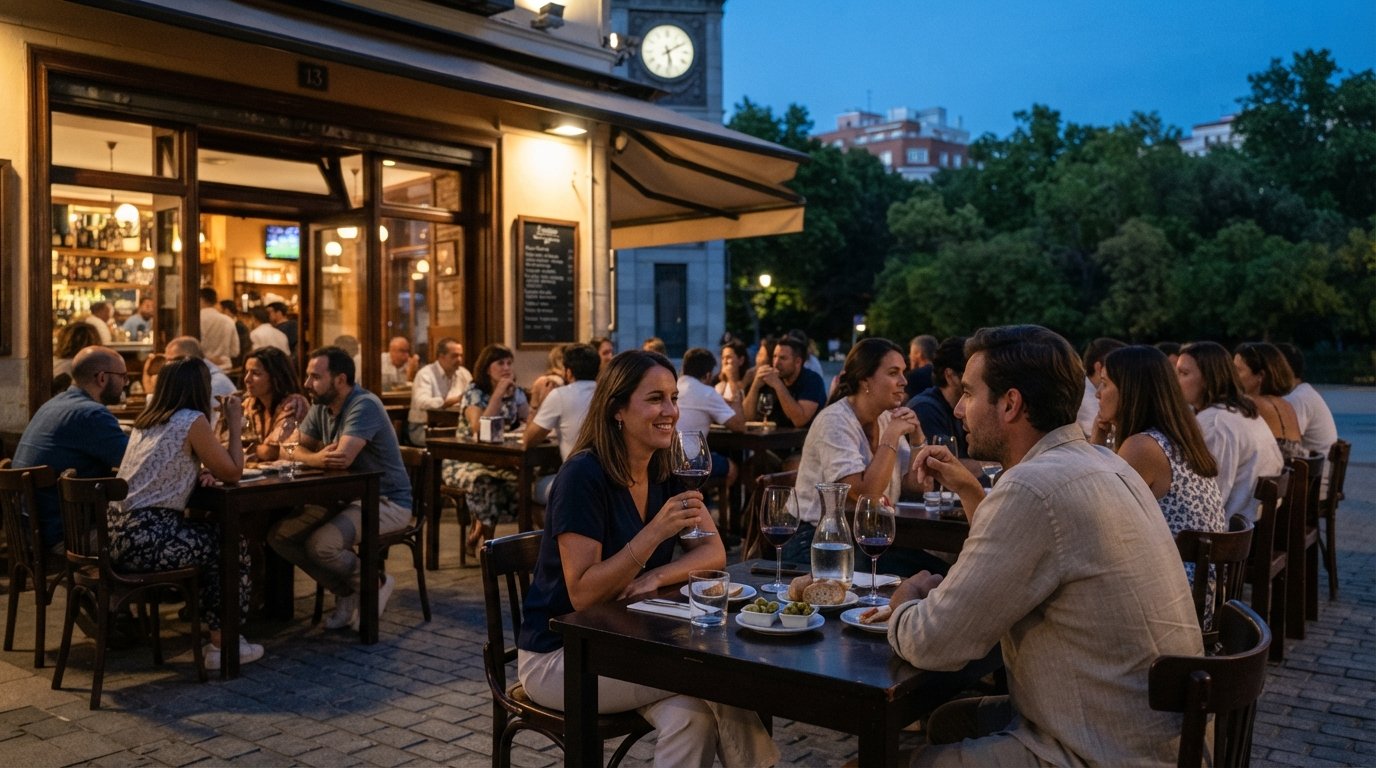 Arzábal on Avenida de Menéndez Pelayo 13 at dusk, terrace tables facing the park with glasses of wine catching the last light