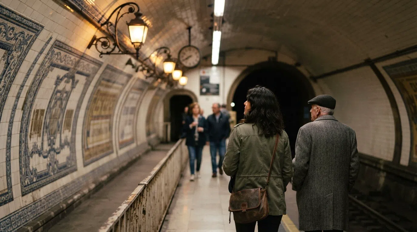 Andén 0 beneath Plaza de Chamberí, a preserved ghost metro platform with 1919 ceramic adverts and period lighting